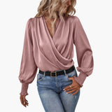 Women's Wrap Blouse | Smocked Cuffs | V-Neck | Spring - Pink