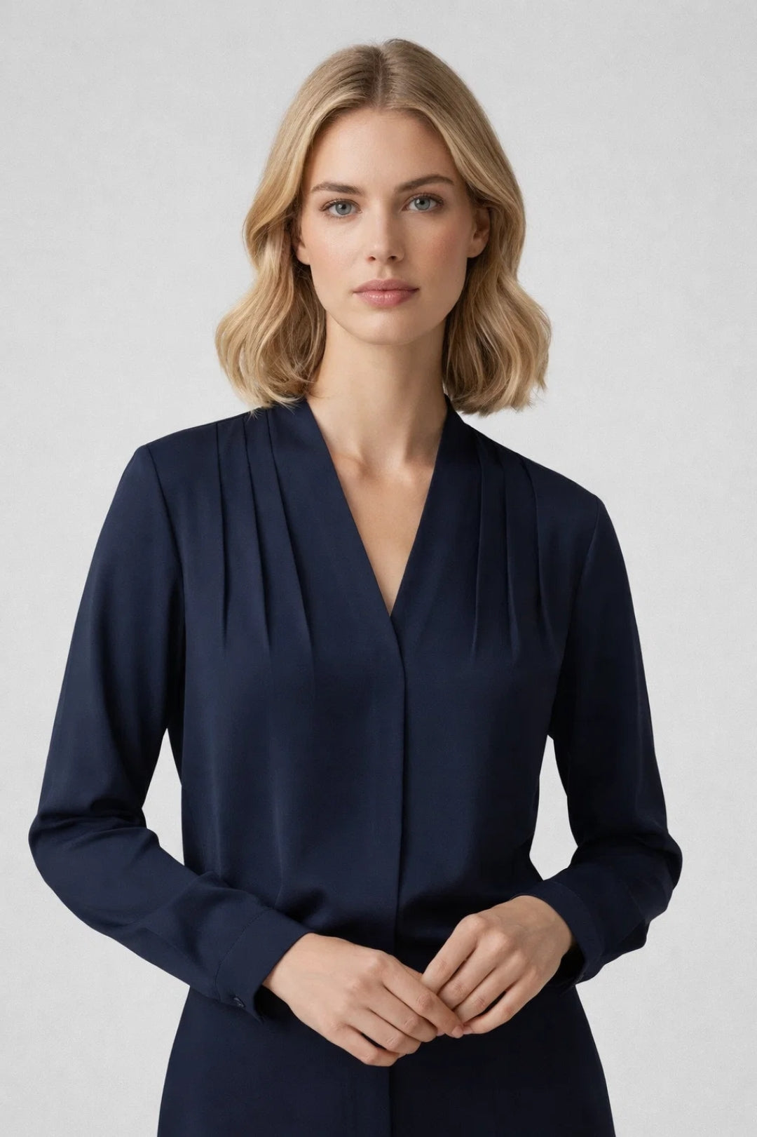 Women's Wrap Blouse | V-Neck | Long Sleeves | Summer - Navy