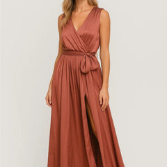 Women's Wrap Dress | Long | Tie Belt | Spring - Brown