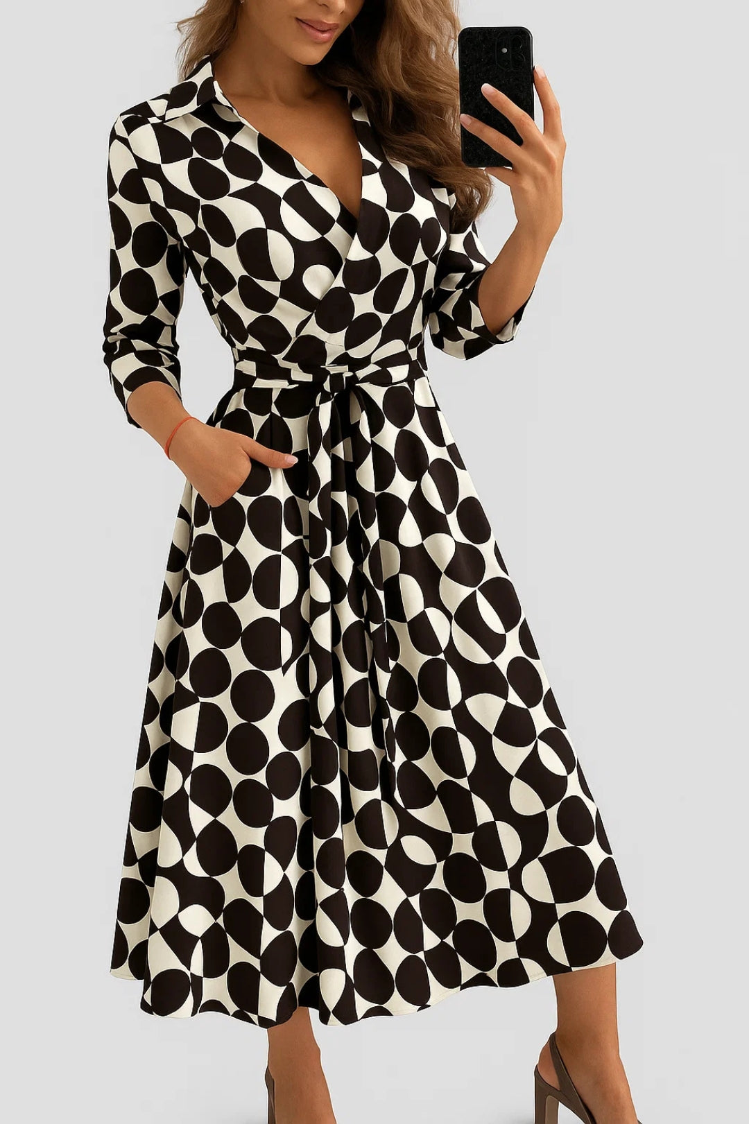 Women's Wrap Dress | Midi Length | Autumn - Black And Cream