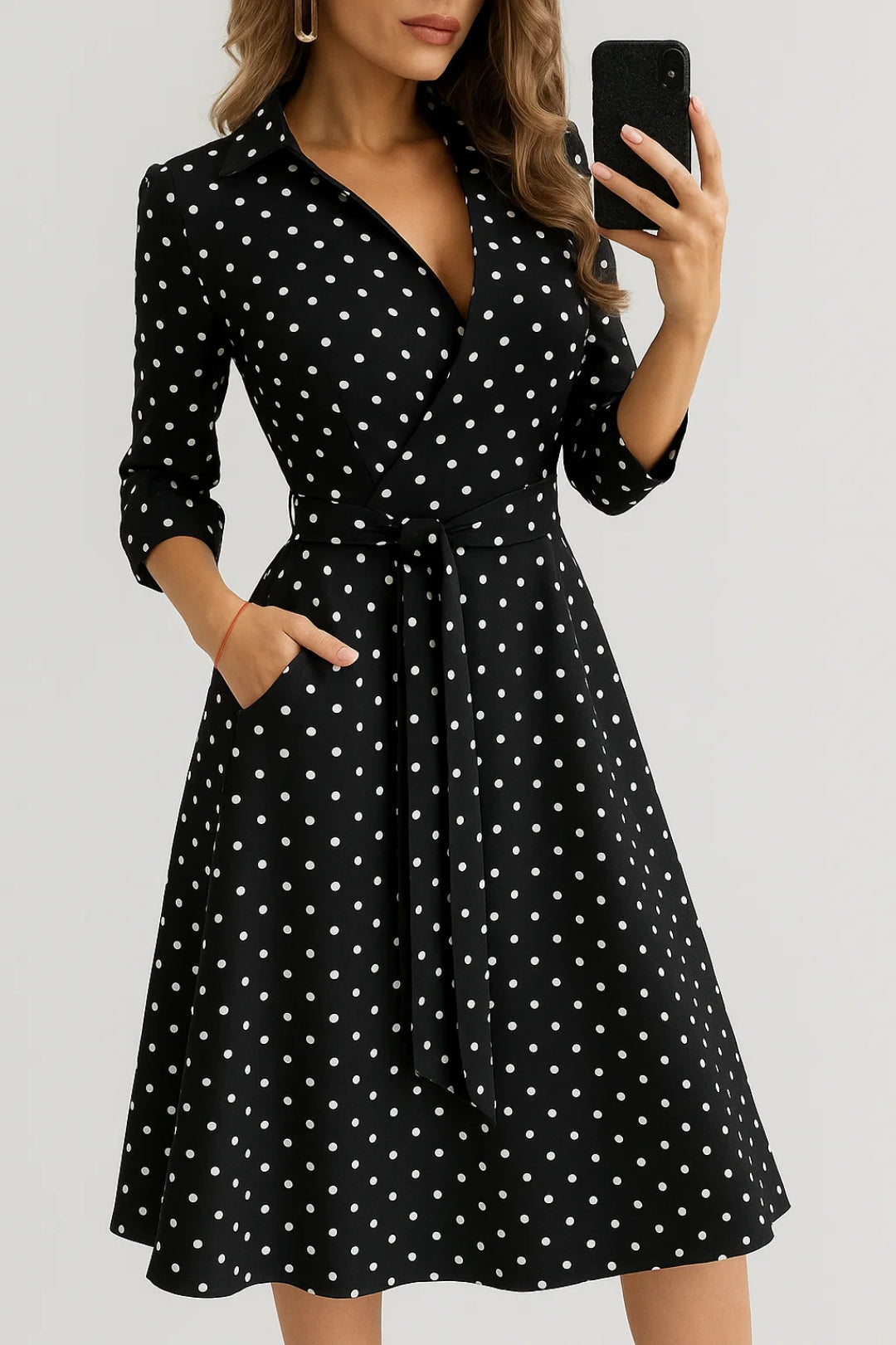 Women's Wrap Dress | Midi Length | Autumn - Black With Polka Dots