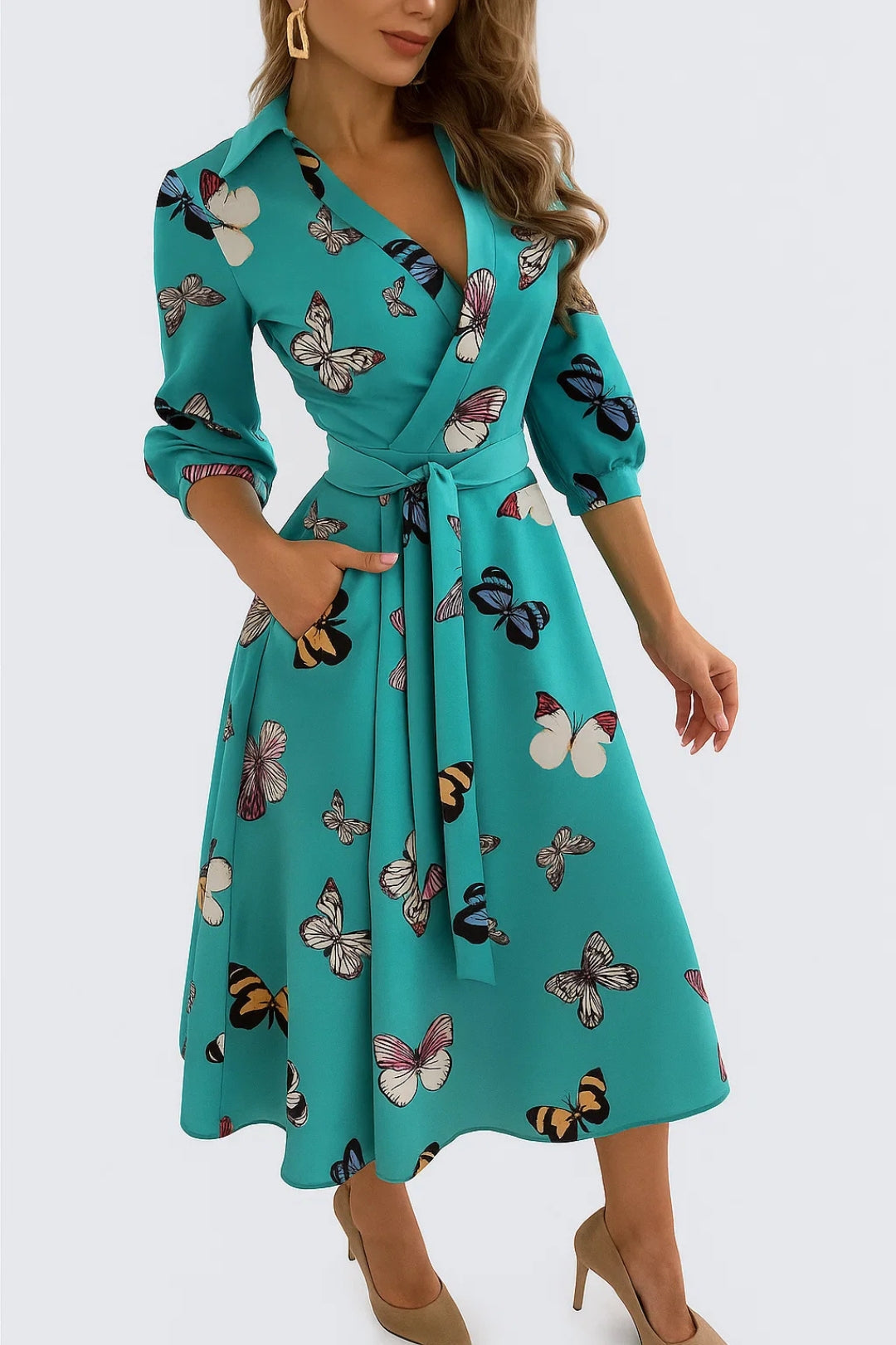 Women's Wrap Dress | Midi Length | Autumn - Turquoise