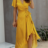 Women's Wrap Dress | Ruffles | Boho Floral | Summer - Dark Yellow