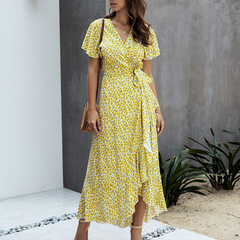 Women's Wrap Dress | Ruffles | Boho Floral | Summer - Light Yellow