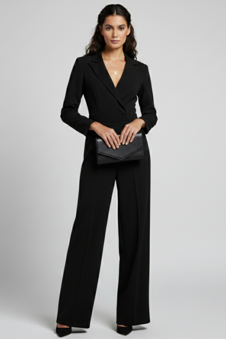 Women's Wrap-Front Tailored Wide-Leg Jumpsuit | Autumn - Black