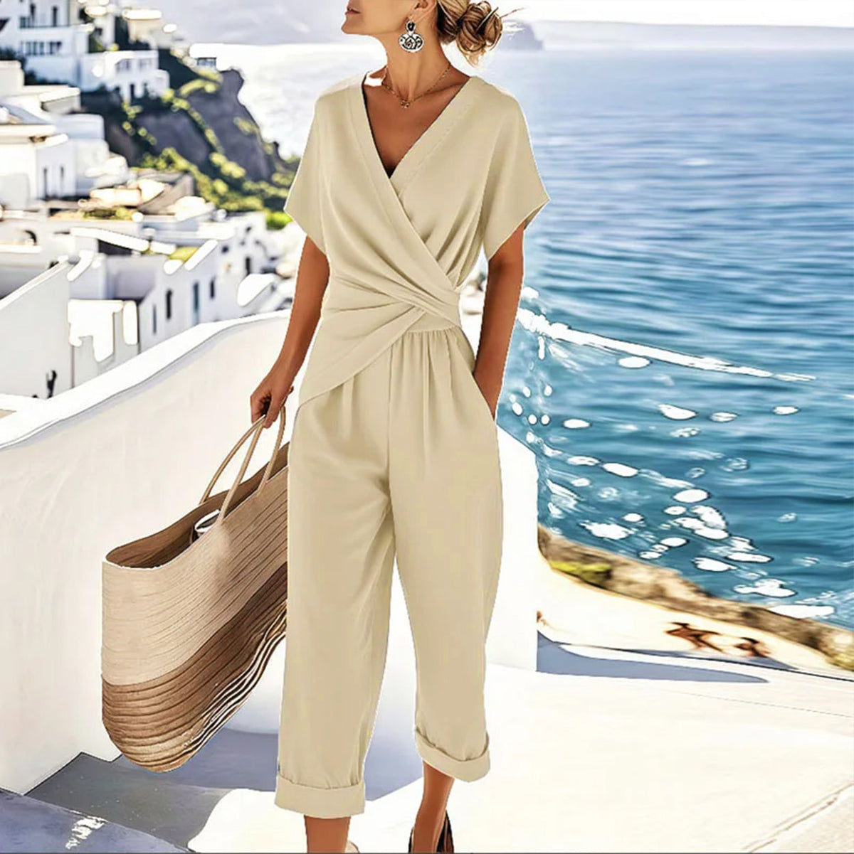 Women's Wrap-Front Two-Piece Set - Elegant Summer Style - Apricot