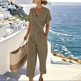Women's Wrap-Front Two-Piece Set - Elegant Summer Style - Khaki