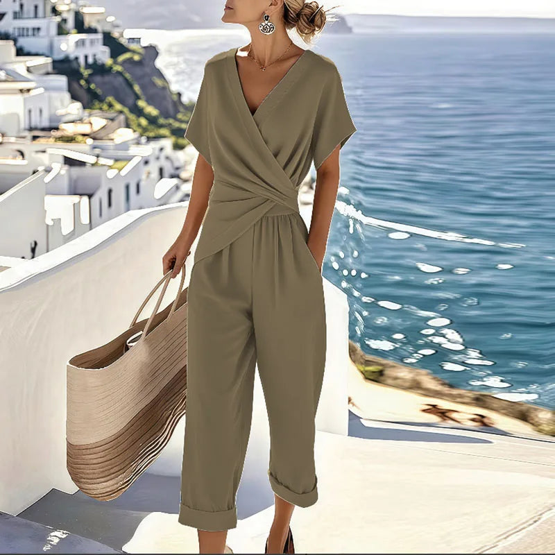 Women's Wrap-Front Two-Piece Set - Elegant Summer Style - Khaki