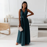 Women's Wrap Maxi Dress - Elegant Wedding Guest | Spring - Dark Green