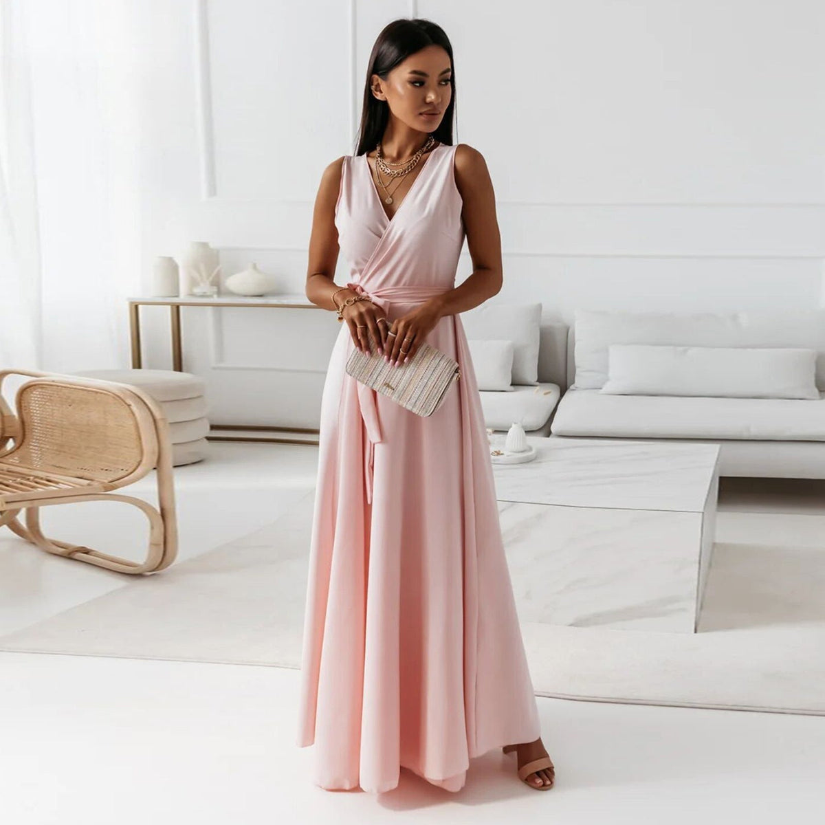 Women's Wrap Maxi Dress - Elegant Wedding Guest | Spring - Pale Pink