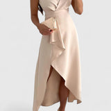 Women's Wrap Midi Dress - Elegant Wedding Guest Style | Spring - Beige