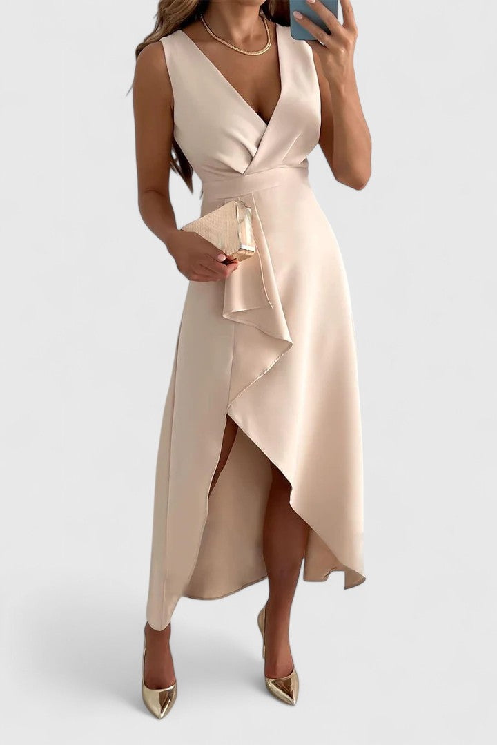 Women's Wrap Midi Dress - Elegant Wedding Guest Style | Spring - Beige