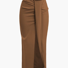 Women's Wrap Midi Skirt | Draped | High Waist | Spring - Brown