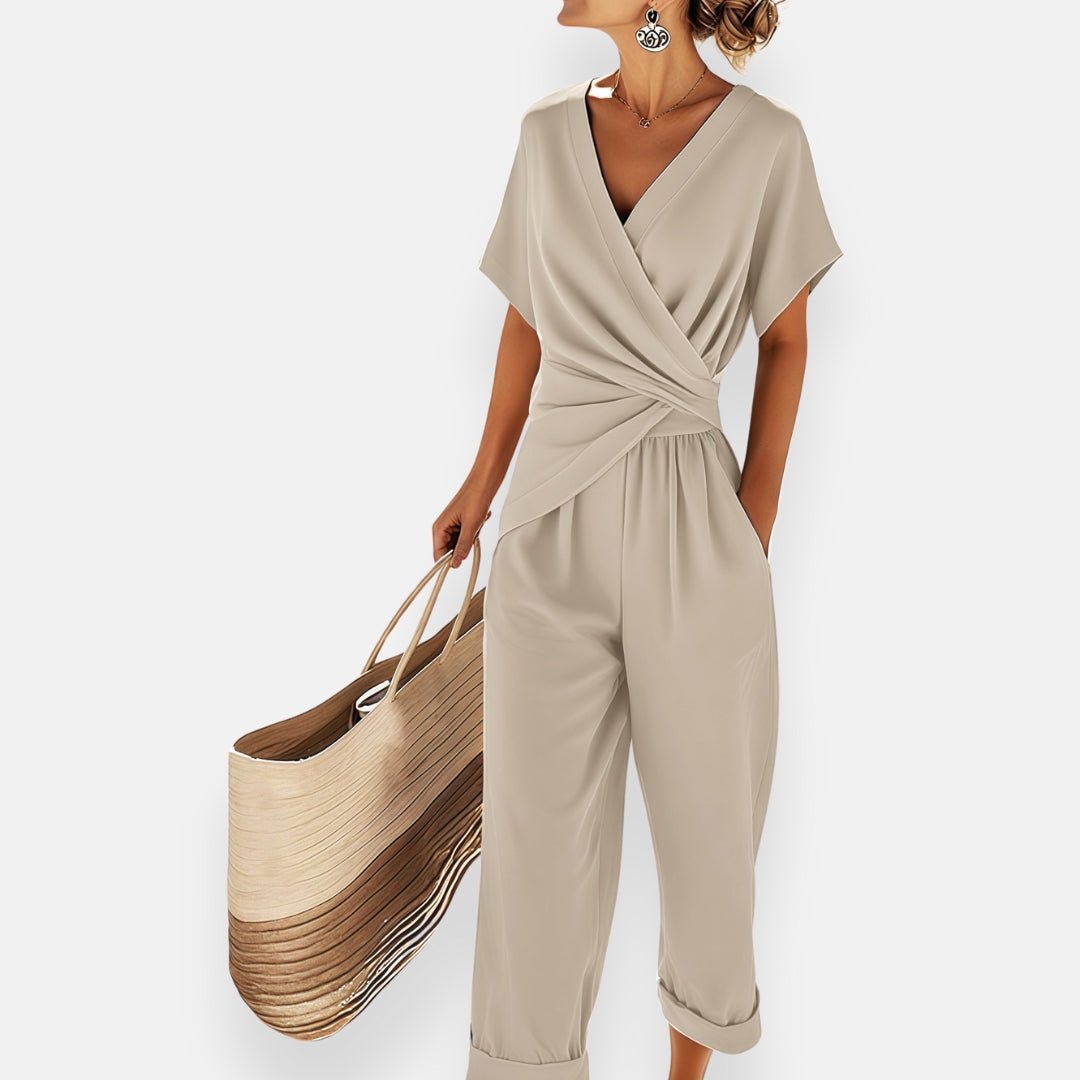 Women's Wrap Top Wide-Leg Pants Set - Draped Bow Detail | Spring - Beige