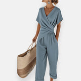 Women's Wrap Top Wide-Leg Pants Set - Draped Bow Detail | Spring - Blue