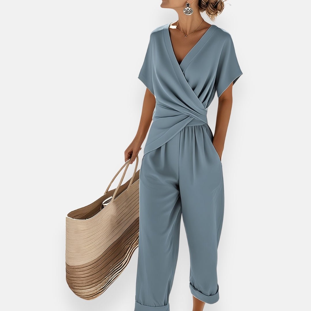Women's Wrap Top Wide-Leg Pants Set - Draped Bow Detail | Spring - Blue