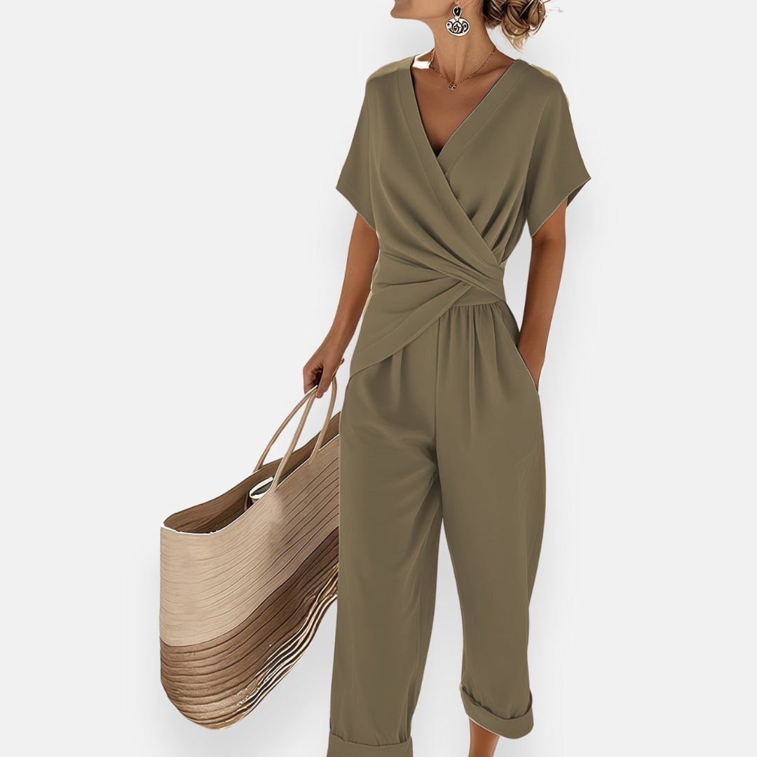 Women's Wrap Top Wide-Leg Pants Set - Draped Bow Detail | Spring - Green