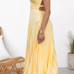 Women's Yellow Pleated V-Neck Maxi Dress - Elegant Flow | Summer