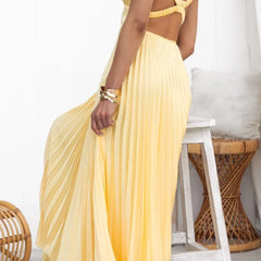 Women's Yellow Pleated V-Neck Maxi Dress - Elegant Flow | Summer
