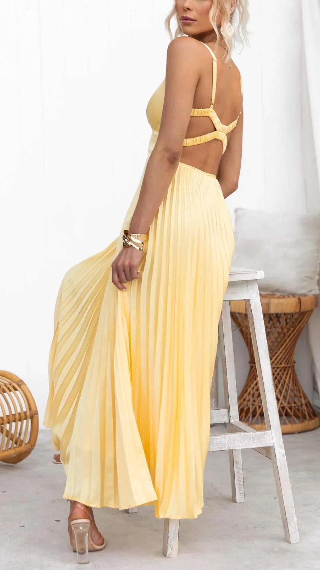 Women's Yellow Pleated V-Neck Maxi Dress - Elegant Flow | Summer