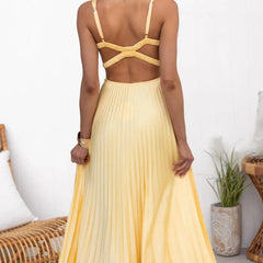 Women's Yellow Pleated V-Neck Maxi Dress - Elegant Flow | Summer