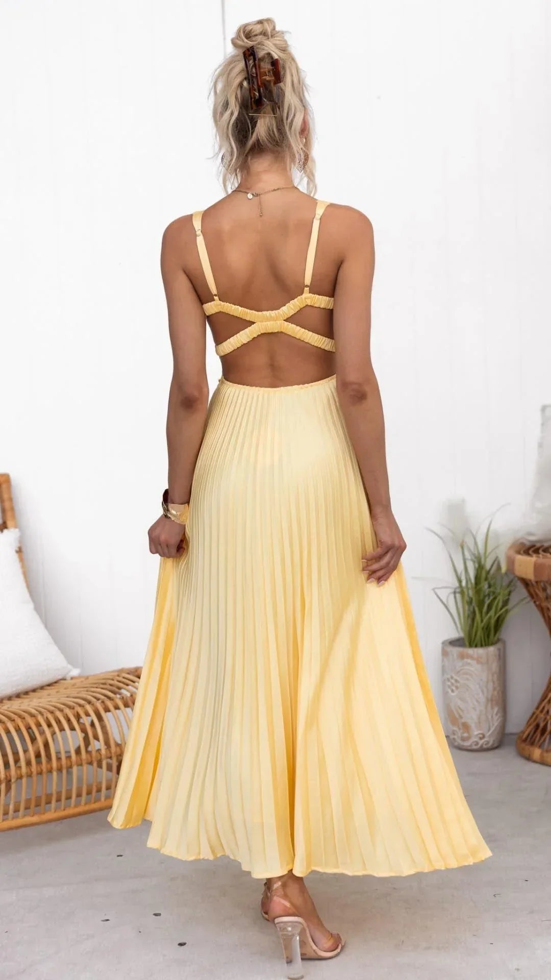 Women's Yellow Pleated V-Neck Maxi Dress - Elegant Flow | Summer