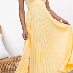 Women's Yellow Pleated V-Neck Maxi Dress - Elegant Flow | Summer - Yellow