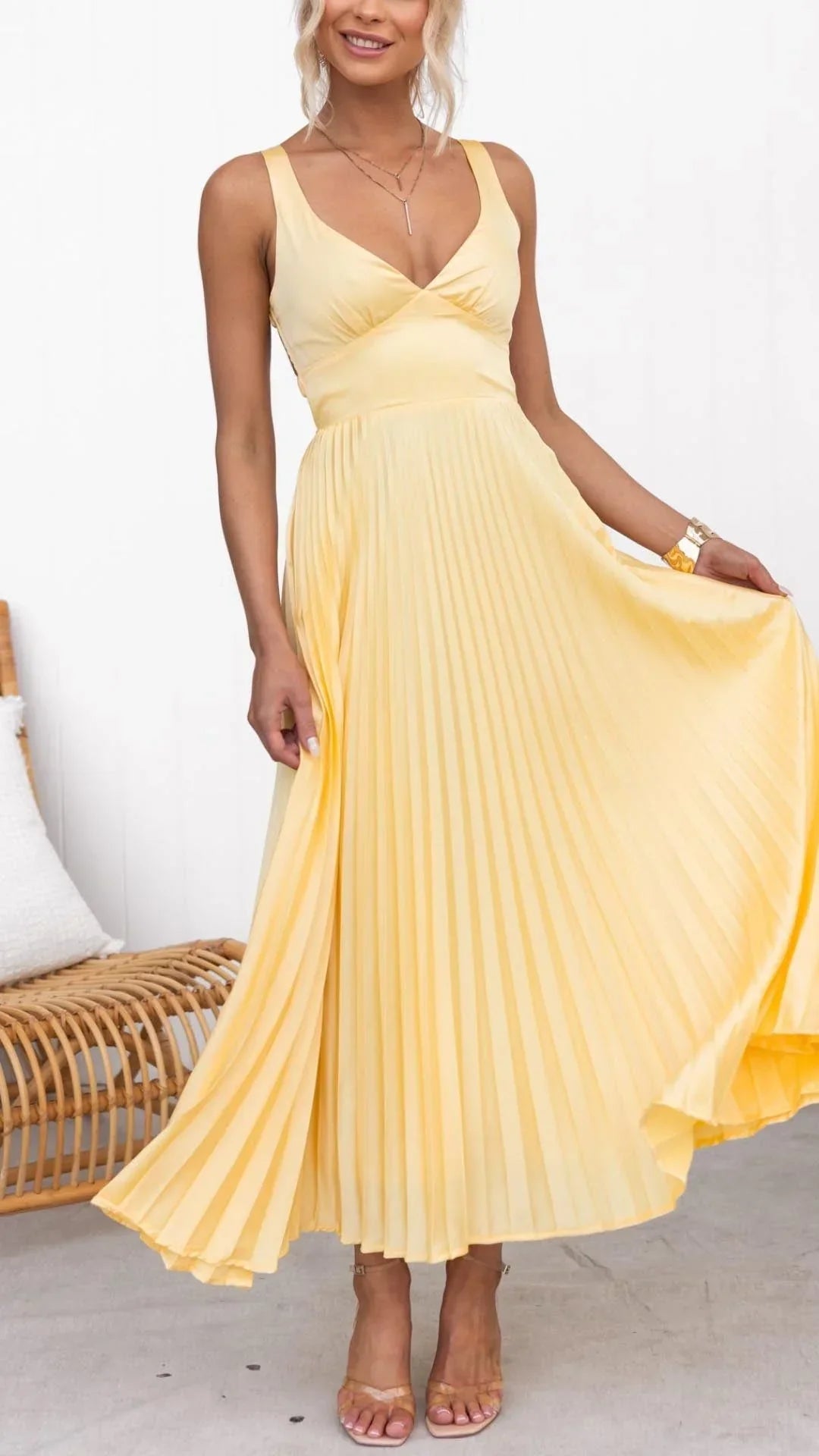 Women's Yellow Pleated V-Neck Maxi Dress - Elegant Flow | Summer - Yellow