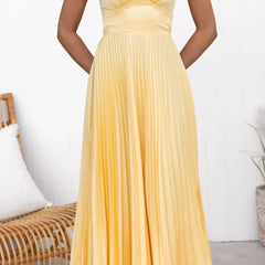 Women's Yellow Pleated V-Neck Maxi Dress - Elegant Flow | Summer