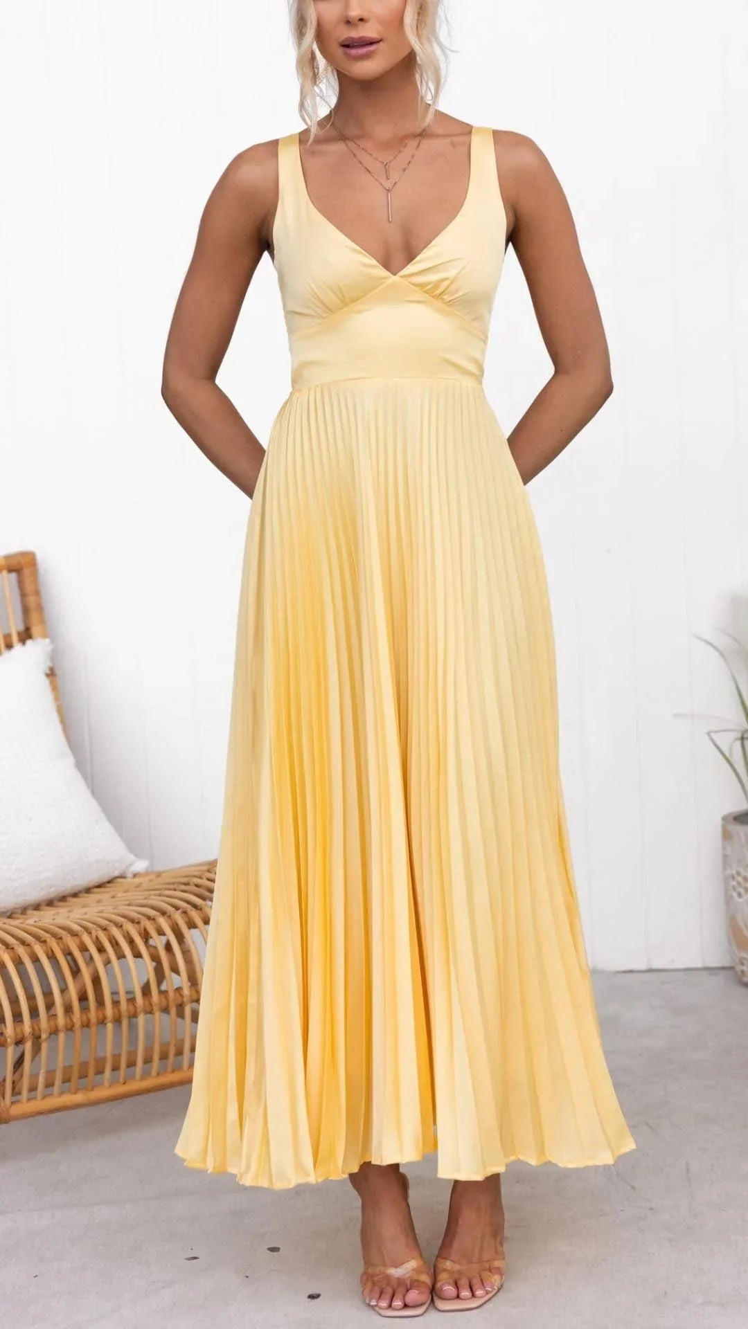 Women's Yellow Pleated V-Neck Maxi Dress - Elegant Flow | Summer